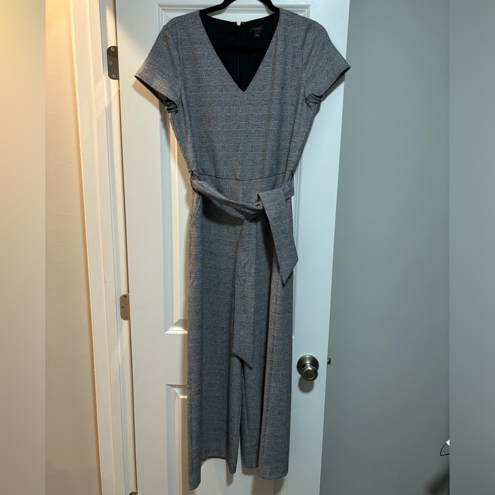 Ann Taylor Factory gray plaid jumpsuit with removable tie waist